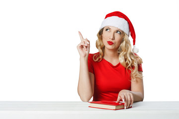 girl shows welcome gesture, xmas concept isolated01