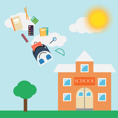 Back to school big sale banners set with backpack and flying school supplies, special offer, vector illustration.