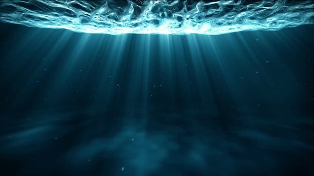 A 20 second loop of a surreal underwater scene moving forward with volumetric lighting and sea particles.