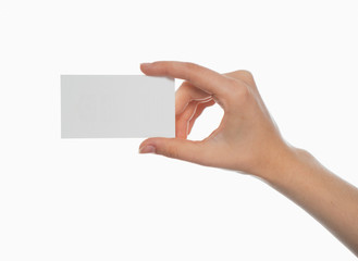 Hand holding blank business card isolated
