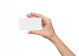 Fototapeta premium Hand holding blank business card isolated 