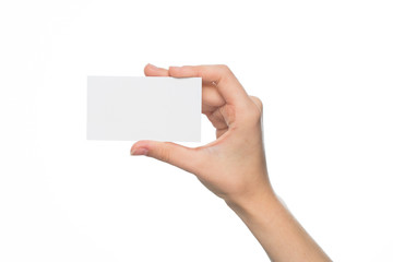 Obraz premium Hand holding blank business card isolated 