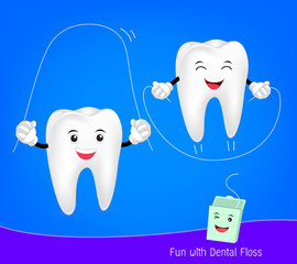 cute cartoon teeth with floss. Tooth character jumping with dental floss. Illustration