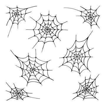 Set of seven spider web silhouette, isolated on the white background. Hand drawn elements for Halloween decoration.