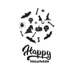 Happy halloween - party hand drawn lettering phrase card. Fun brush ink typography greeting card, illustration for t-shirt print, flyer, poster design