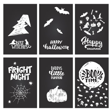 Halloween party hand drawn lettering phrases and sketches banners. Fun brush ink typography greeting card, illustration for t-shirt print, flyer, poster design