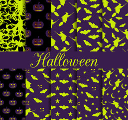 Ten Halloween seamless patterns. Pattern with Lamp Jack, witch with bats. Halloween symbols. For wallpaper, bed linen, tiles, fabrics, backgrounds. Vector illustration.