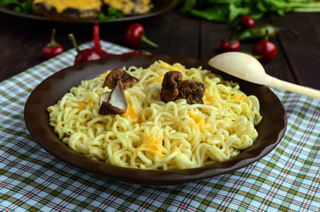 Italian Pasta (spaghetti) with dried porcini mushrooms and Parmesan.