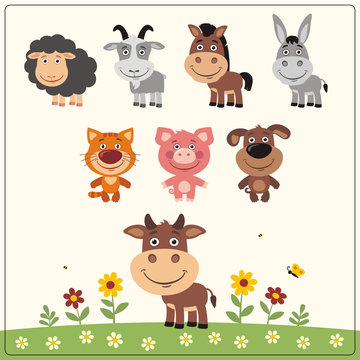 Vector set farm animals in cartoon style. Collection funny farm animals.