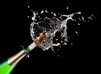  real explosion cork popping  bottle champagne, concept  party  celebration. New Year.