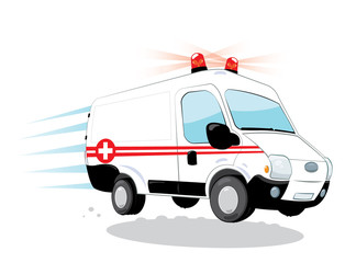 a vector cartoon representing a funny ambulance hurrying