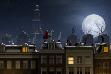 Sinterklaas and the Pieten on the rooftops at night - 122489317