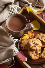 hot chocolate warming drink wool throw cozy autumn leaves cookie