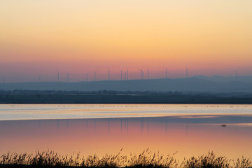 windmills reflected in the lake at sunset