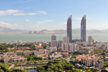View of central Xiamen in China with skyskapers