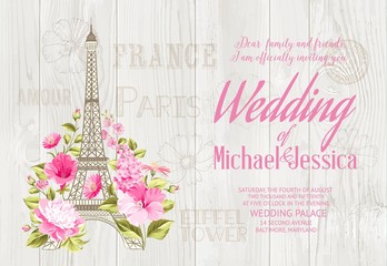 Fototapeta na wymiar Eiffel tower icon with spring blooming flowers over gray wooden texture with wedding invitation sign. Vector illustration.