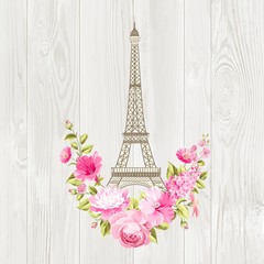 Eiffel tower icon with spring blooming flowers over gray text pattern with sign Paris souvenir. Vector illustration.
