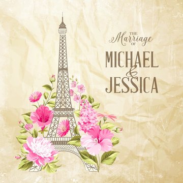 Eiffel tower icon with spring blooming flowers crupled paper texture with wedding invitation sign. Vector illustration.