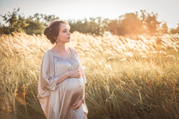 Portrait of a pregnant woman in the sunset light