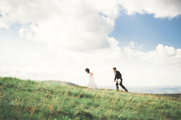 Beautiful fabulous happy bride and stylish groom posing on the background of the sunny stunning mountains