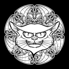 Fototapeta premium Black cat head on circular bat wings ornament