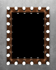 Wooden makeup mirror on concrete wall. 3D rendering