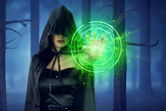 Asian Witch Woman With Cloak Showing Green Pentagram