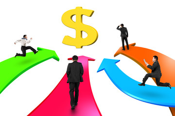Men on four color arrows go toward golden dollar sign