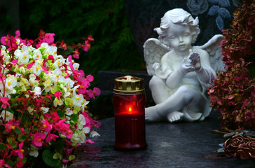 Church-yard, grave with angel, grave light and flowers, All Saints, Copy space