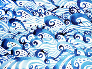 Fototapeta na wymiar blue wave pattern minimal watercolor painting hand drawn japanese style