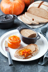 Fototapeta na wymiar Liver pate and pumpkin orange marmalade on toast whole grain bread, selective focus