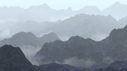 serene landscape with low crawling fog in the mountains