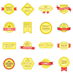 Retail label icons set in cartoon style. Premium quality stickers set collection vector illustration