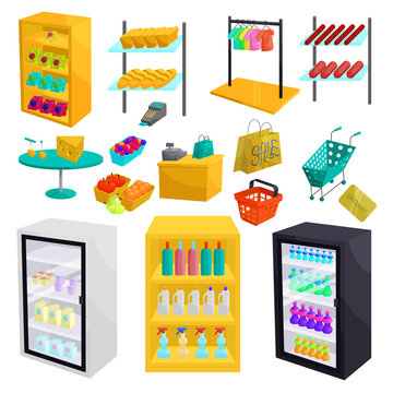 Supermarket Icons Set In Cartoon Style. Shopping Elements Set Collection Vector Illustration