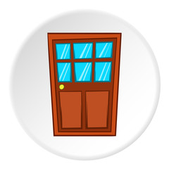 Wooden interior door icon in cartoon style on white circle background. Interior design symbol vector illustration