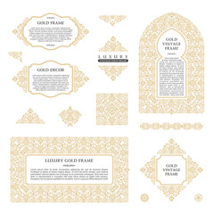 Arabic vector set of frames lines art design templates. Muslim gold outline elements and emblems