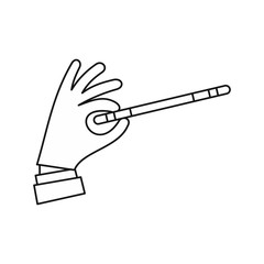 Hand with magic wand icon in outline style isolated on white background. Tricks symbol vector illustration