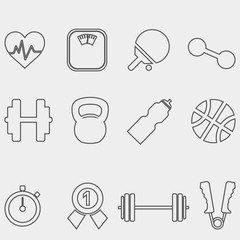 Sports, recreation, work out, equipment and more, thin line icons set, vector illustration