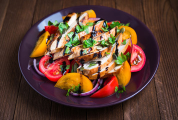 Sliced roasted chicken breast and fresh salad with tomato and purple onion topped with balsamic mousse, pumpkin seed and parsley close up on dark wood background. Healthy food.