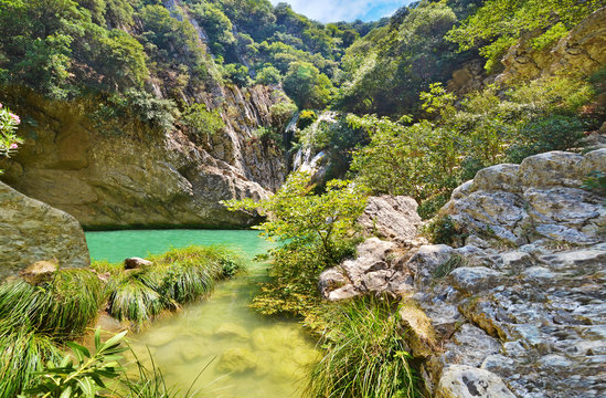 Polilimnio waterfalls at Messinia Peloponnese Greece