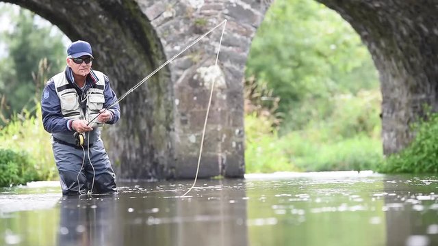 Fly-fisherman fishing in river