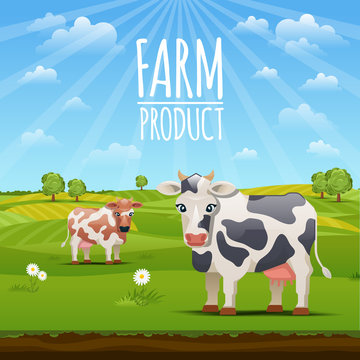 Farm landscape with cows vector illustration
