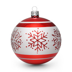 Red christmas ball with snowflakes isolated on white background