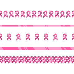 Pink ribbon, international symbol of breast cancer awareness. Vector hand drawn illustration. Set of seamless borders with ribbons