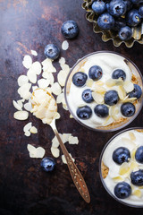 Homemade yogurt with granola muesli and blueberries