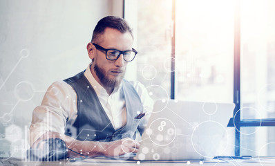 Concept Global Strategy Virtual Icon Diagram Graph Interface Investments Reserch.Bearded...