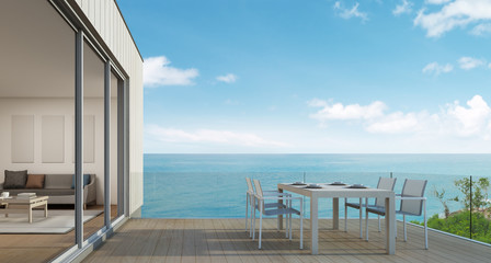 Outdoor dining, Beach house with sea view in modern design - 3d rendering