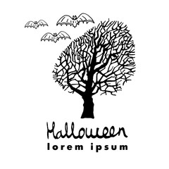 Obraz premium Silhouette of the tree and bat. Vector illustration of cute greeting card for Halloween. Logo for party.