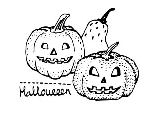 Pumpkin. Vector illustration of cute greeting card for Halloween. Logo for party.