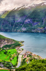 Fototapeta na wymiar View of Aurlandsvangen village and Aurlandsfjord - Norway